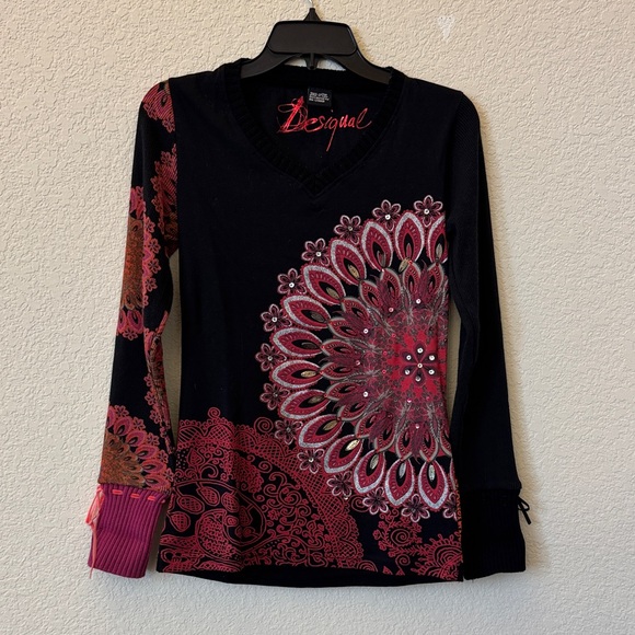 Desigual Tops - Desigual Women's Black and Pink Floral Long Sleeve Top
